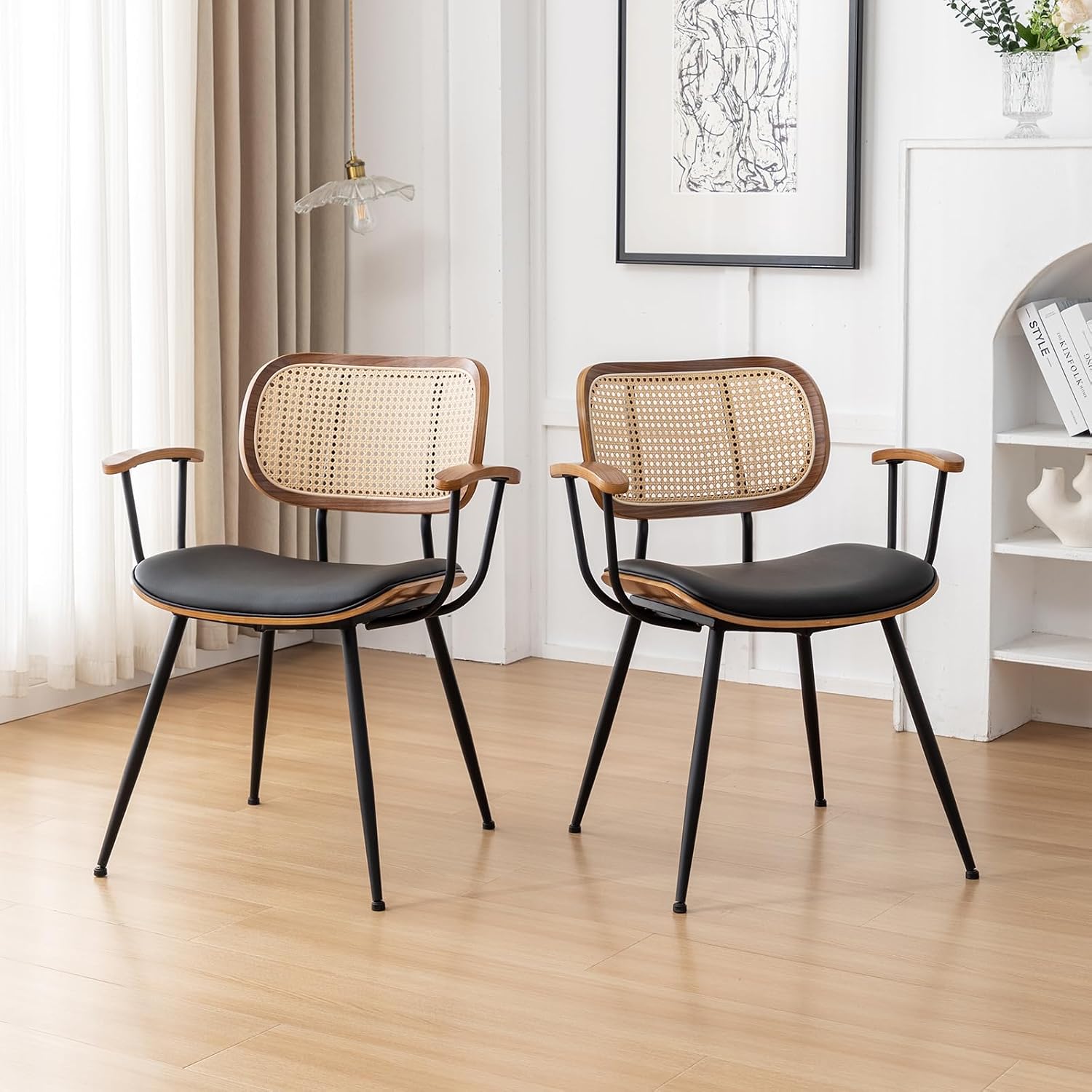 Rattan Dining Room Chairs Set of 4,Mid Century Modern Kitchen Side Chairs,Metal Legs Desk Chair,Faux Leather Accent Chair with Arms and Rattan Backrest Black PU