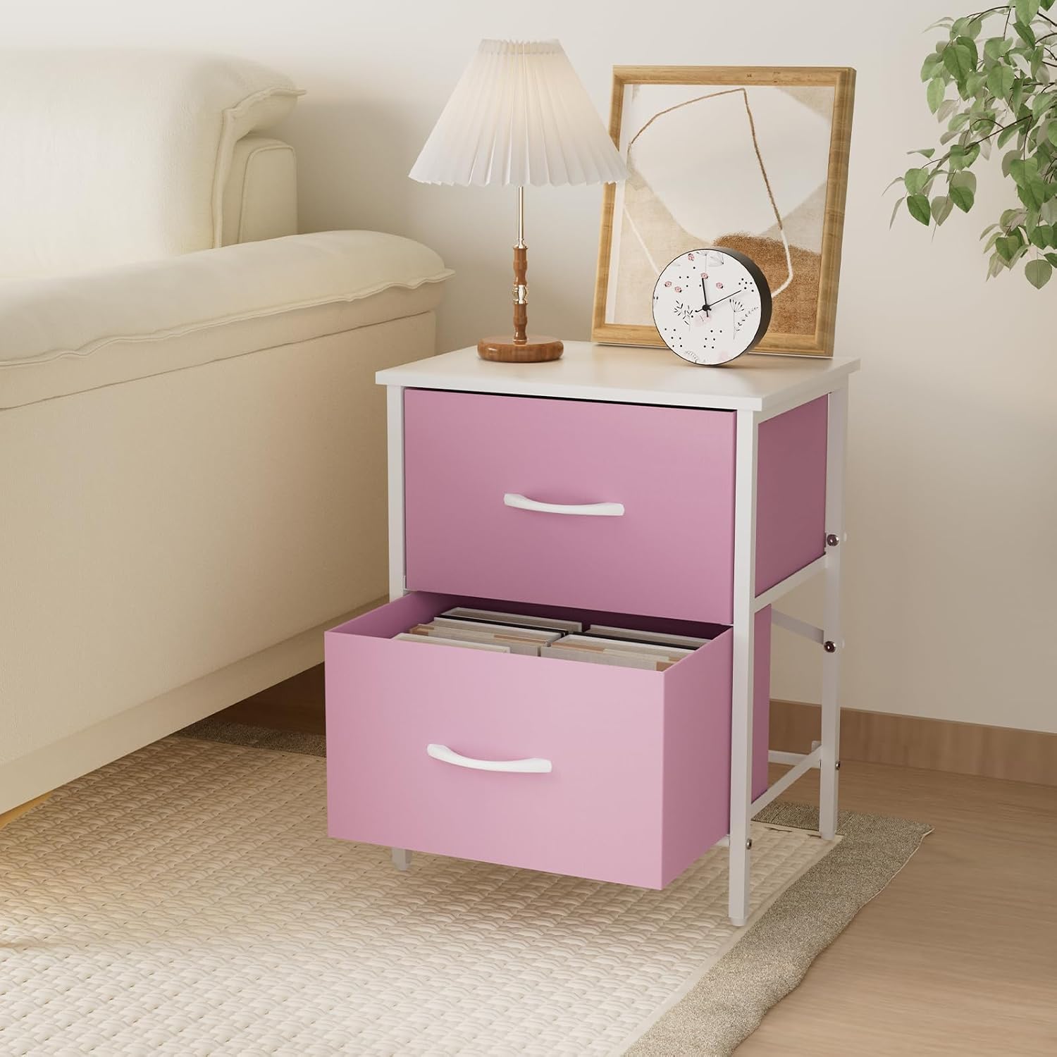 Stero Nightstand, Kids Dresser with 2 Drawers, Steel Frame Bedside Furniture, Wood Top Fabric Night Stand, Colorful End Table for Home, Bedroom, Office Pink
