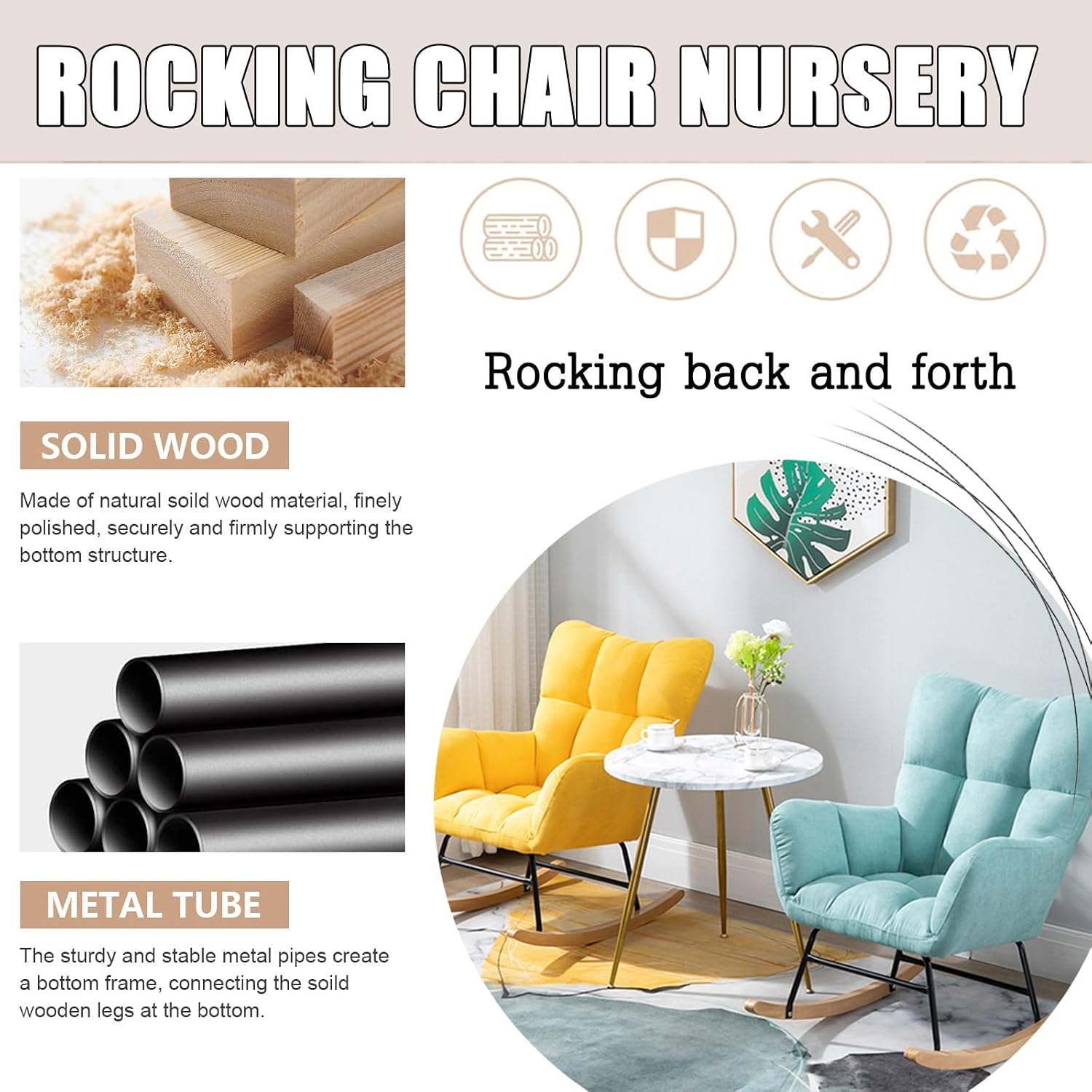 Modern Indoor Bedroom Rocking Chair with Cushion, Indoor Bedroom Upholstered Rocking Chair, Sofa Chair, Modern Lounge Chair for Balcony, for Balcony Living Room Bedroom,Emerging Green