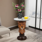 Leopard Side Table, Maximalist Room Decor Accent Table, Unique Animal Head Sculptural End Table with Faux Marble Top for Eclectic Vintage Home Interior, Living Room & Lounge - Savannah Leopard