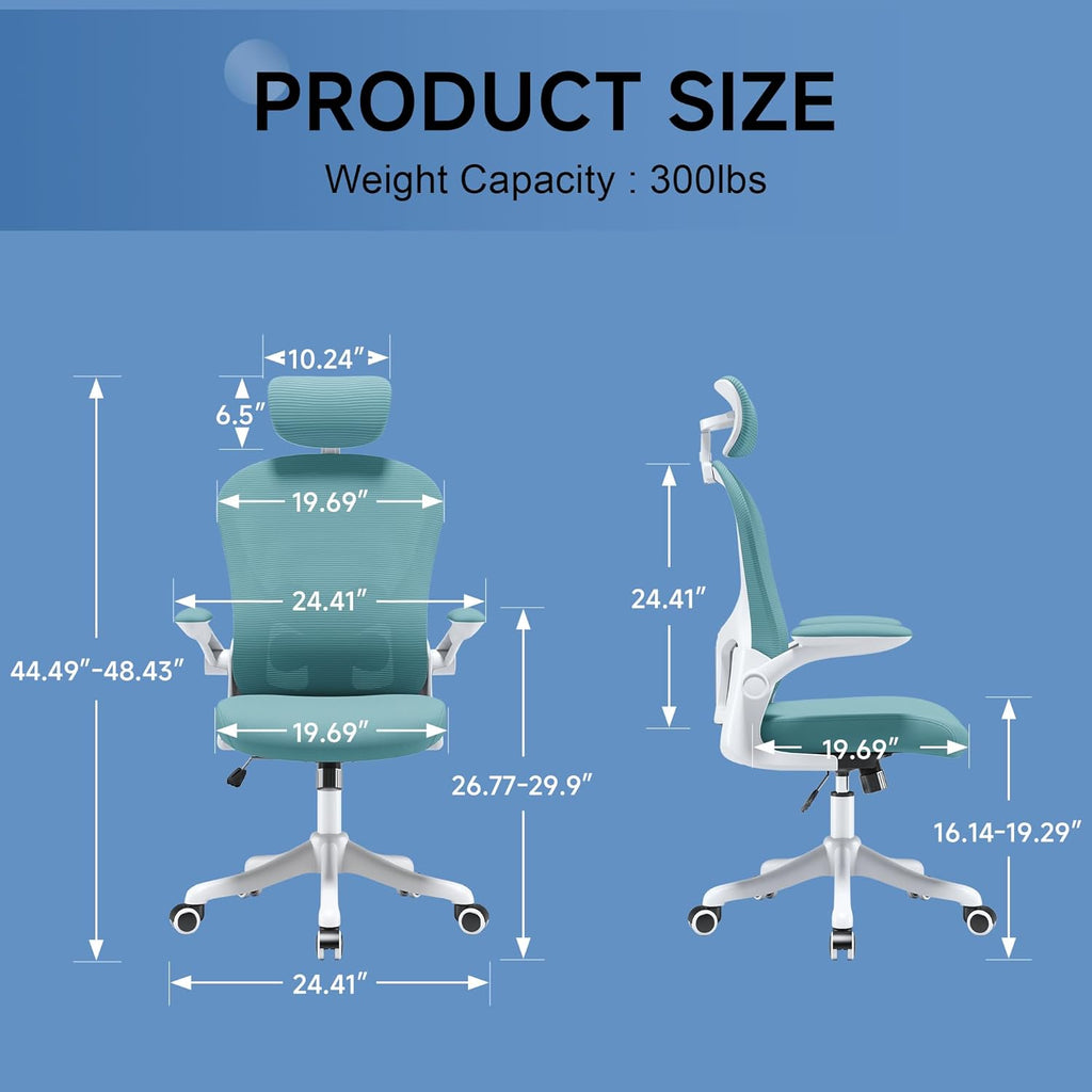Ergonomic Office Chair with Adjustable Lumbar Support and Headrest, High Back Mesh Desk Chair for Home Office,Flip-Up Arms 90-120° Tilt Lock Rolling Swivel Task Chairs (White-Blue6065)
