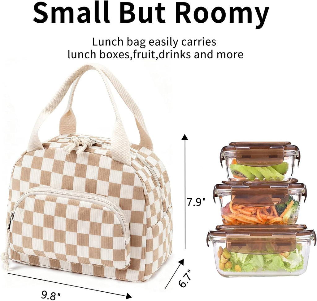 Lunch Bag Women Lunch Box for Women Adult Cute Insulated Lunch Bag Small Cooler Lunch Tote Bags for Work Picnic Travel (Beige-Brown Plaid)