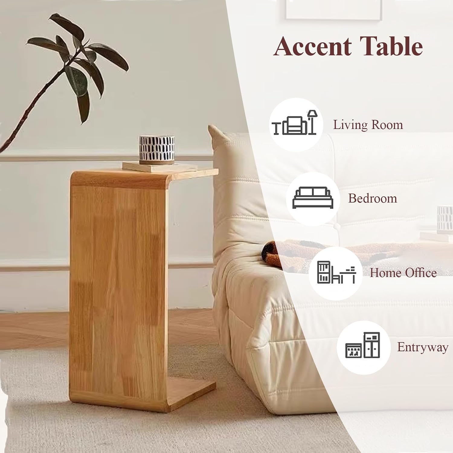 C-Shaped End Table Solid Wood Sofa Side Table for Living Room,Small,Modern,Bedside Accent Table,Mobile,Coffee Table,Bedroom,Nightstand(69cm/27.2″, Black 1)