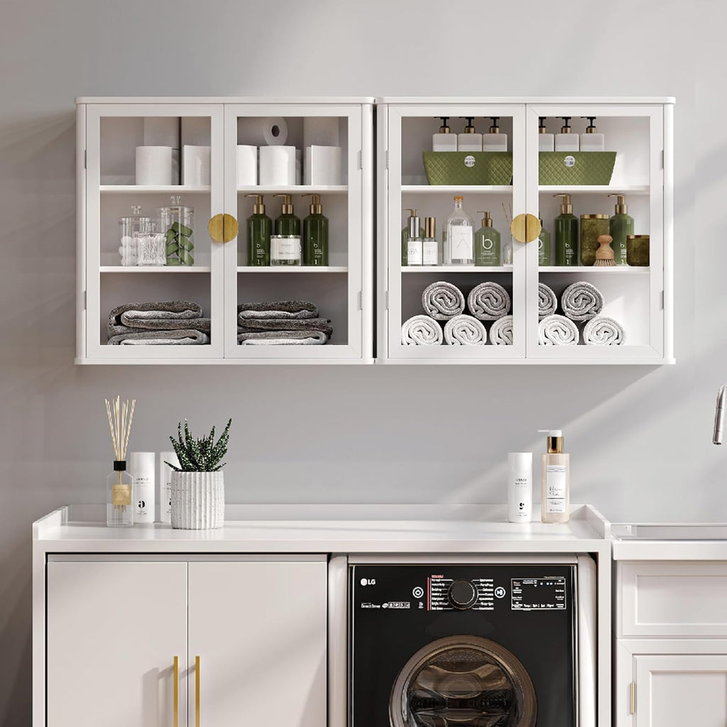 NEWOWNDS 56" Kitchen Wall Cabinets,Display Wall Mounted Cabinet,Floating Cabinet with Glass Doors,Over The Toilet Storage Cabinets, Upper cabinets for Launtry, Kitchen,Bathroom, Gold Handle