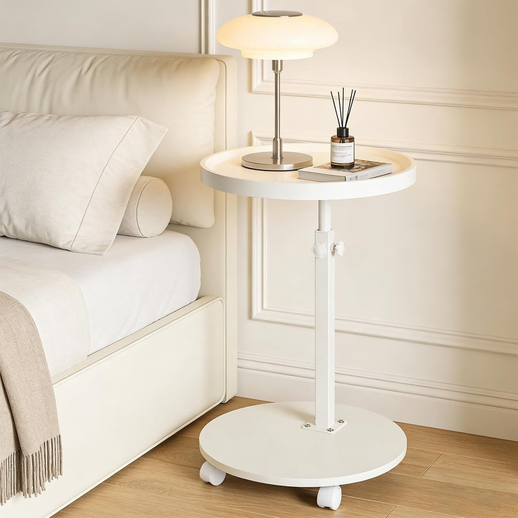 YYW C Shaped End Table Adjustable Height, 360°Swivel TV Tray Table for Small Spaces White