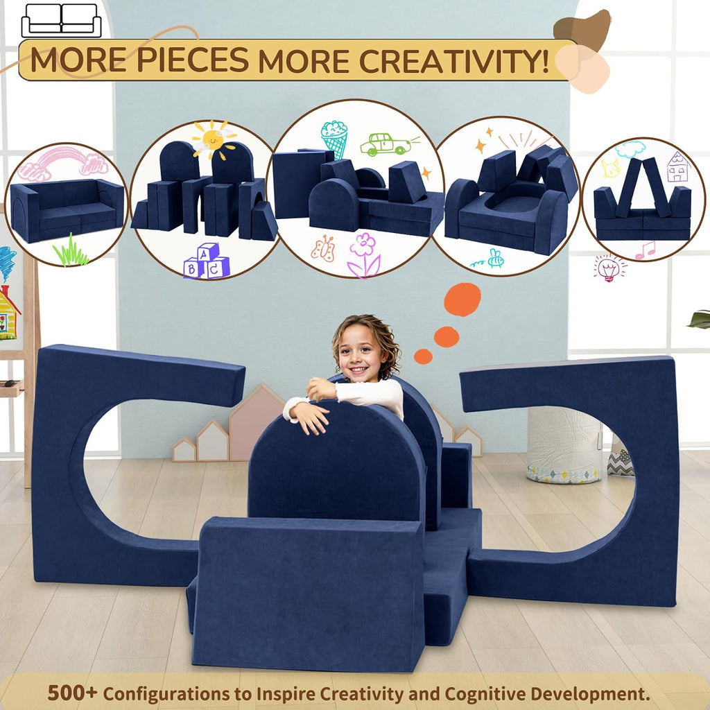 Fvkind 10 Pcs Modular Kids Play Couch, Foam Kids Play Couch for Playroom & Bedroom, Multifunctional Children Sofa Building Fort for Boys and Girls with Soft Foam and Removable Cover, Blue