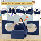 Fvkind 10 Pcs Modular Kids Play Couch, Foam Kids Play Couch for Playroom & Bedroom, Multifunctional Children Sofa Building Fort for Boys and Girls with Soft Foam and Removable Cover, Blue