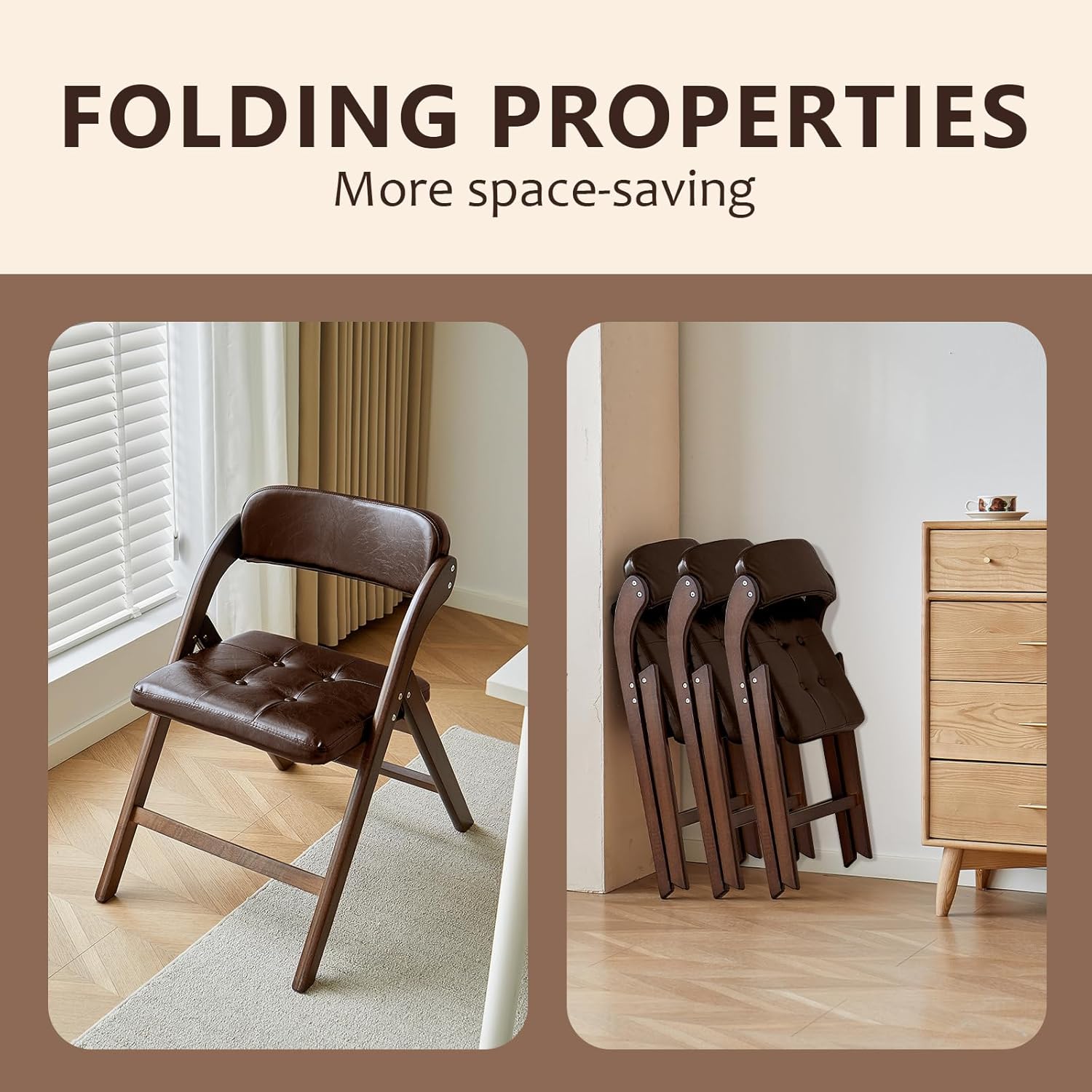 Wood Folding Chairs Set of 2, Upholstered Foldable Dining Chairs with Padded Seat and Backrest, Portable Accent Chairs for Kitchen, Dining Room, Apartment, Guest Seating, Walnut and Brown