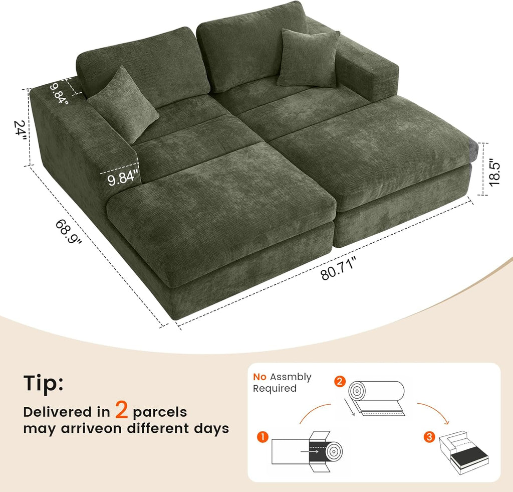80.7" Oversized Double Chaise Lounge Chair Indoor, Cloud Boneless Sleeper Sofa Bed with 4 Pillows, Extra Deep Seat Cozy Loveseat Couch for Living Room Bedroom, No Assembly Required (Green)