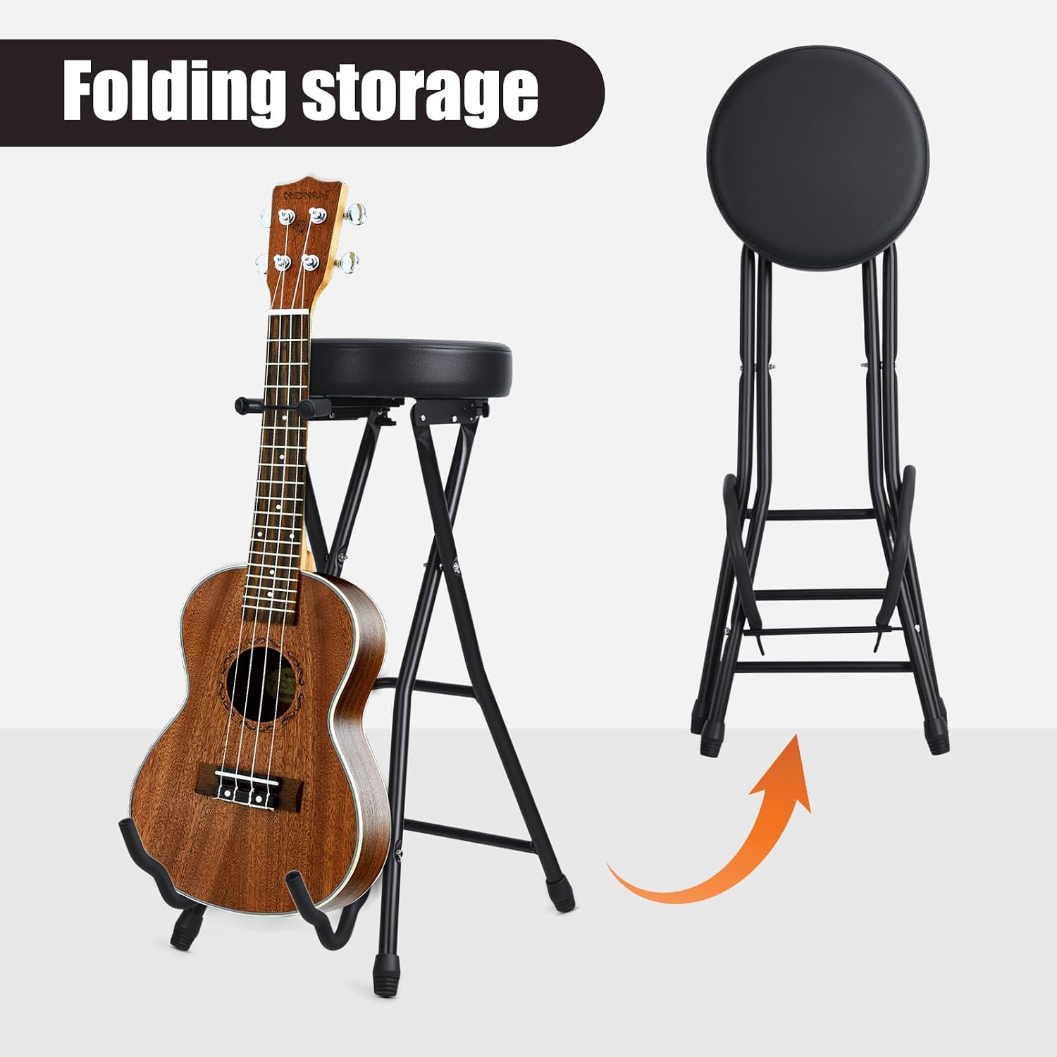 Guitar Stool, Foldable Padded Seat with Built-in Stand & Footrest, Retractable Hook Non-Slip Feet for Acoustic Electric Bass Home Studio Practice (Black-B)