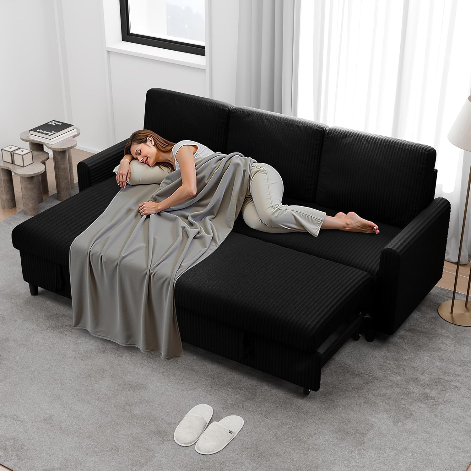 Walsunny 77" Sectional Sleeper Sofa with Pull Out Bed, Modern L-Shaped Corduroy Convertible Couch with Storage Chaise, Reversible Sofa Bed for Small Spaces, Apartment, Office, Black