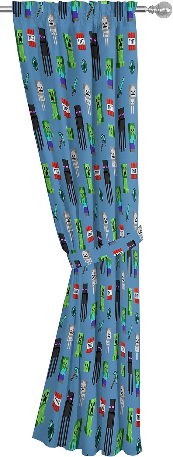 Jay Franco Kids Window Drapes - 4 Piece Curtain Set Includes 2 Tiebacks, Beautiful Bedding Room Décor and Easy Set Up, Blue - Minecraft, 84 Inch