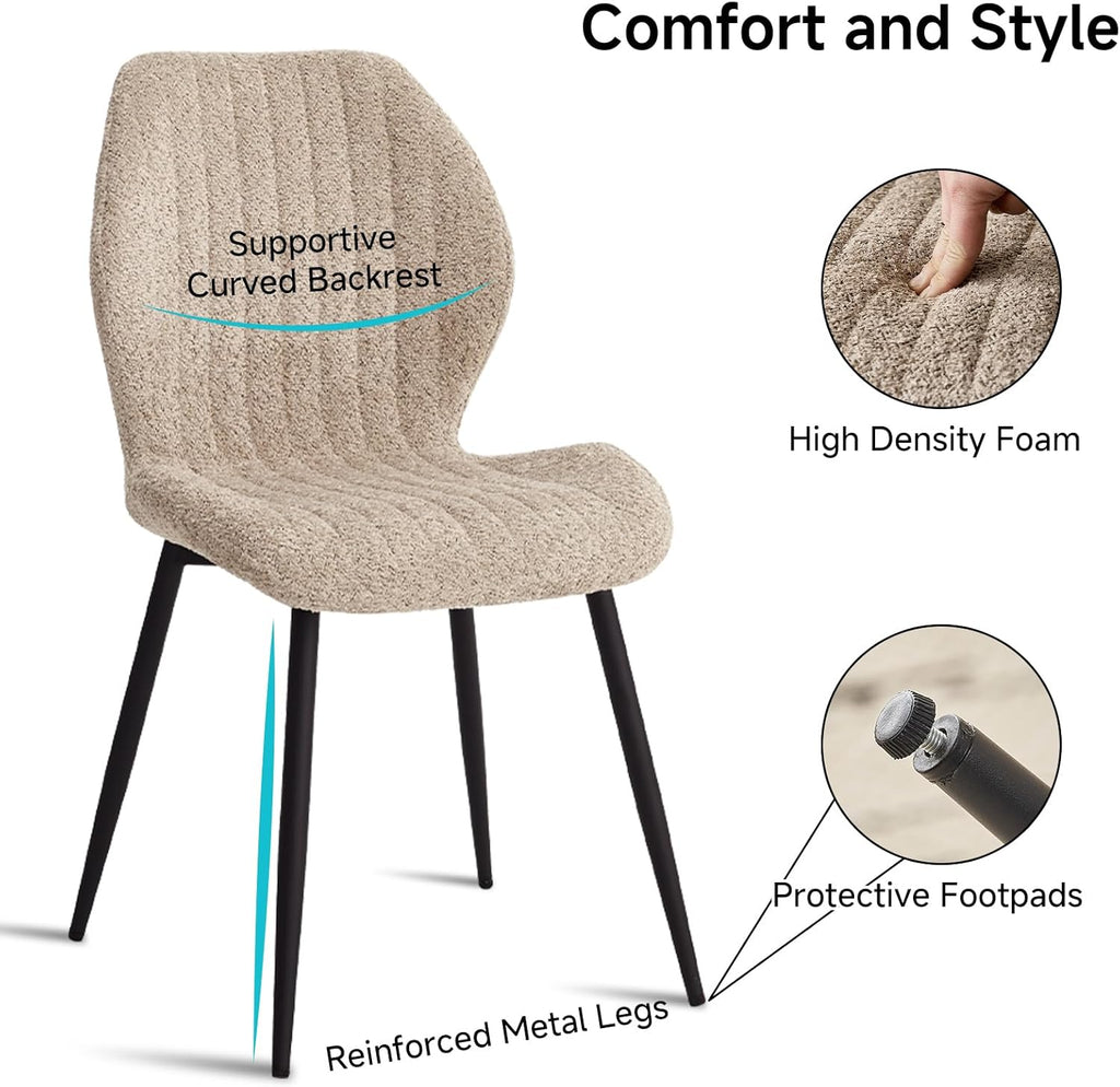 Set of 4 Boucle Dining Chairs – Modern Minimalist Upholstered Kitchen Chairs with Contoured Back and Metal Legs, Brown