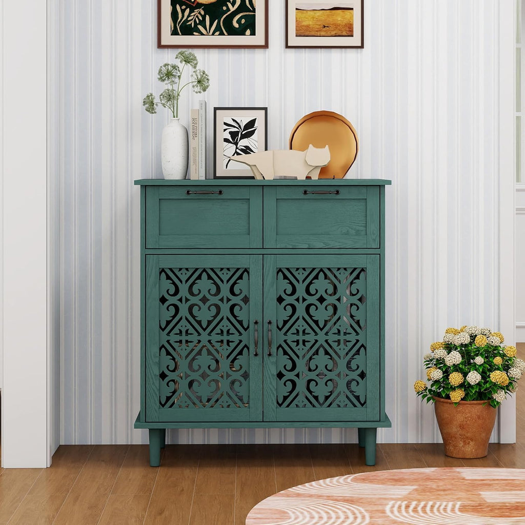 Sideboard Buffet Cabinet, American Farmhouse Green 2 Door 2 Drawer Storage Credenza, Hollow Carved, Living Room Entryway Kitchen Dining Room Console Table, Home Furniture Decor