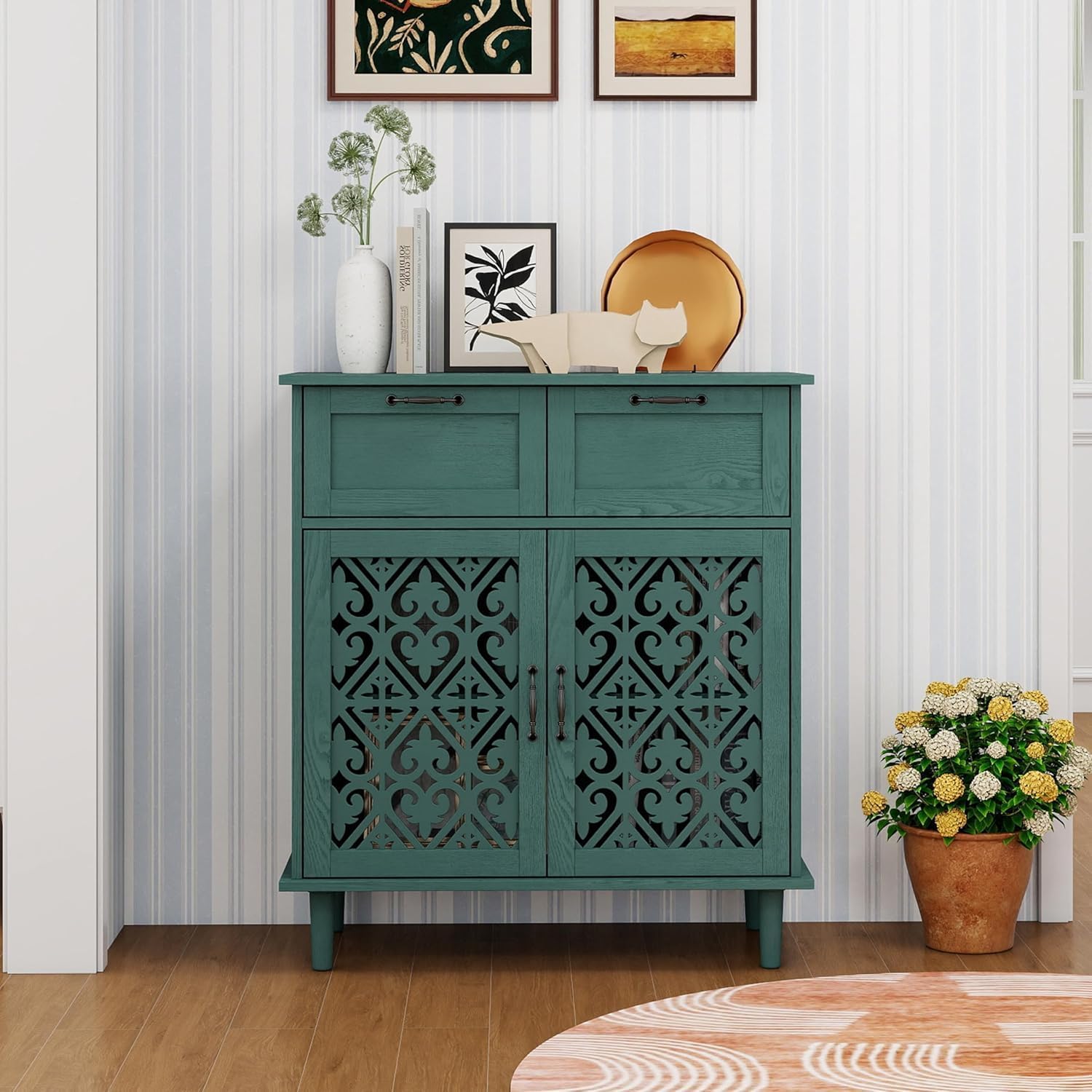 Sideboard Buffet Cabinet, American Farmhouse Green 2 Door 2 Drawer Storage Credenza, Hollow Carved, Living Room Entryway Kitchen Dining Room Console Table, Home Furniture Decor