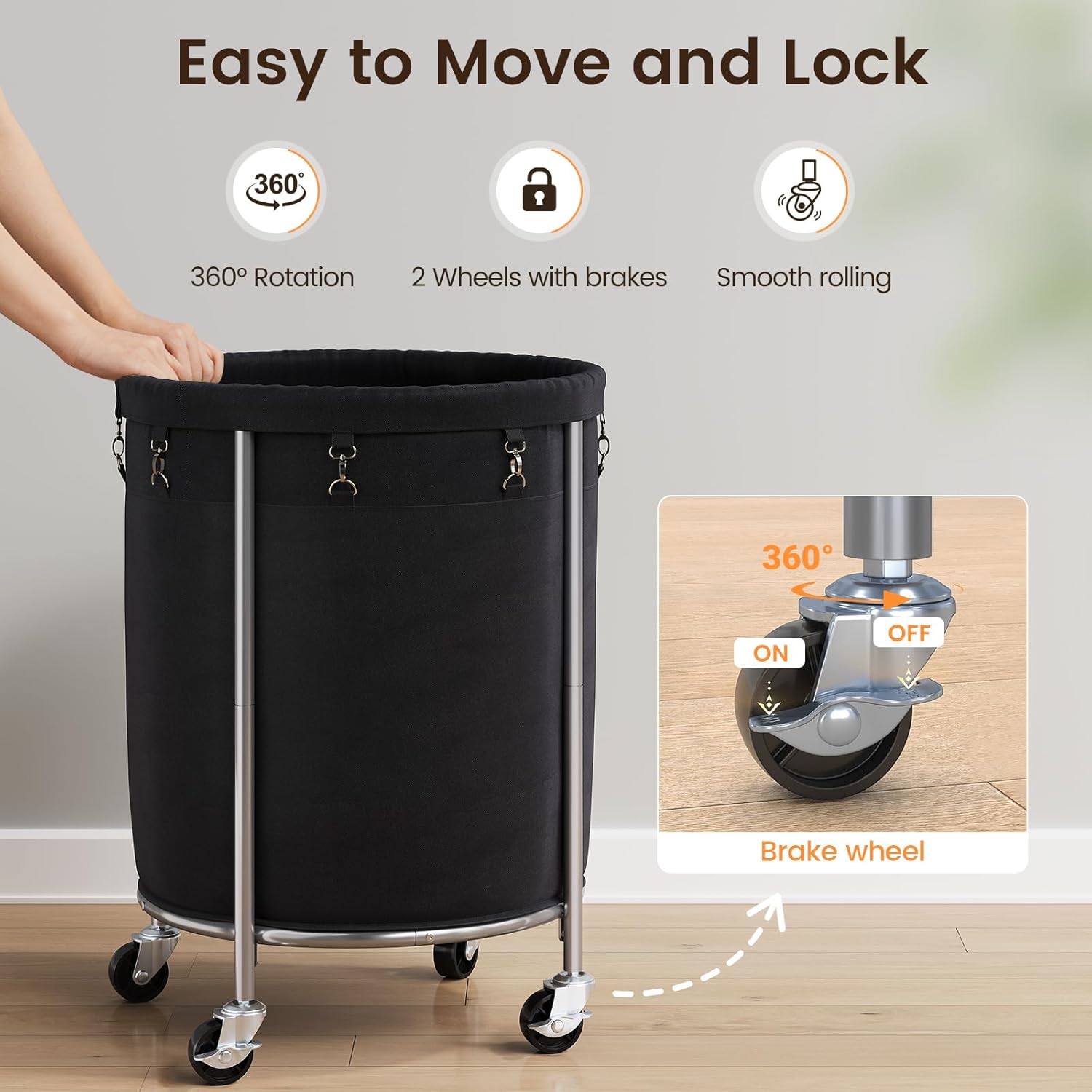 ELYKEN 190L Laundry Basket with Wheels, Large Rolling Laundry Hamper with Removable Liner Bag, Round Rolling Laundry Cart, Dirty Clothes Hamper for Hotel, Home, Closet, Dorm, Black