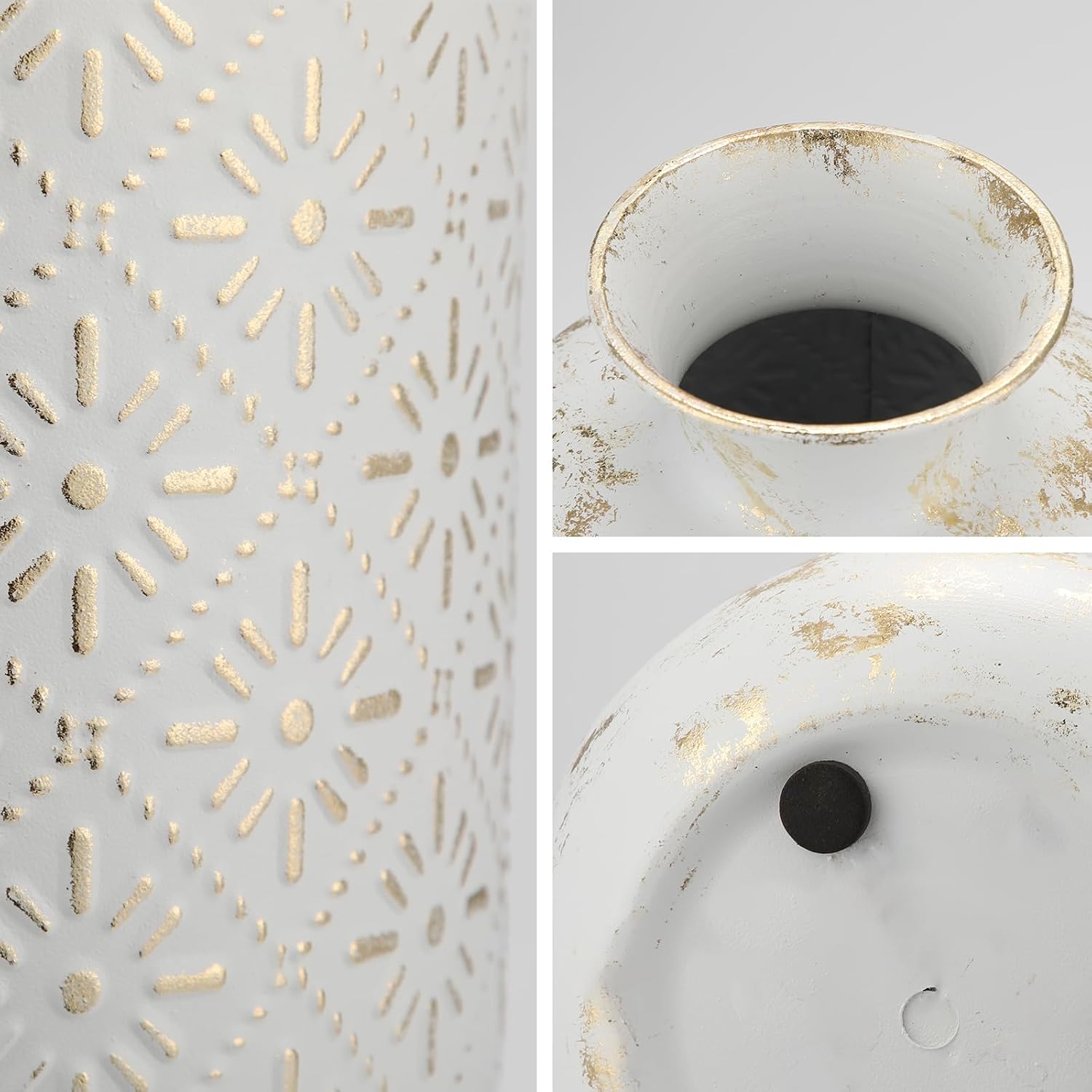 Flower Vase Rustic Metal Vase, 10.2" Vintage White and Gold Distressed Vase for Farmhouse Home Décor Artificial Flowers and Centerpieces