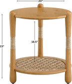 Harbor Oak 20" Round Oak Wood End Table with Seagrass Accents and Shelf Storage | Coastal Boho Side Table. Natural Oak Finish.