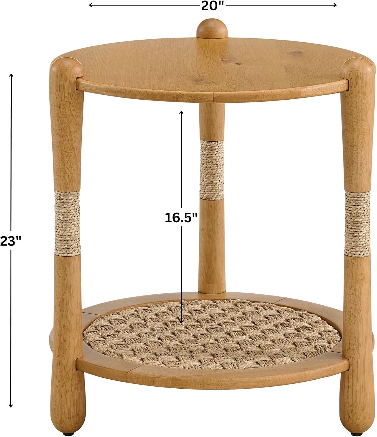 Harbor Oak 20" Round Oak Wood End Table with Seagrass Accents and Shelf Storage | Coastal Boho Side Table. Natural Oak Finish.