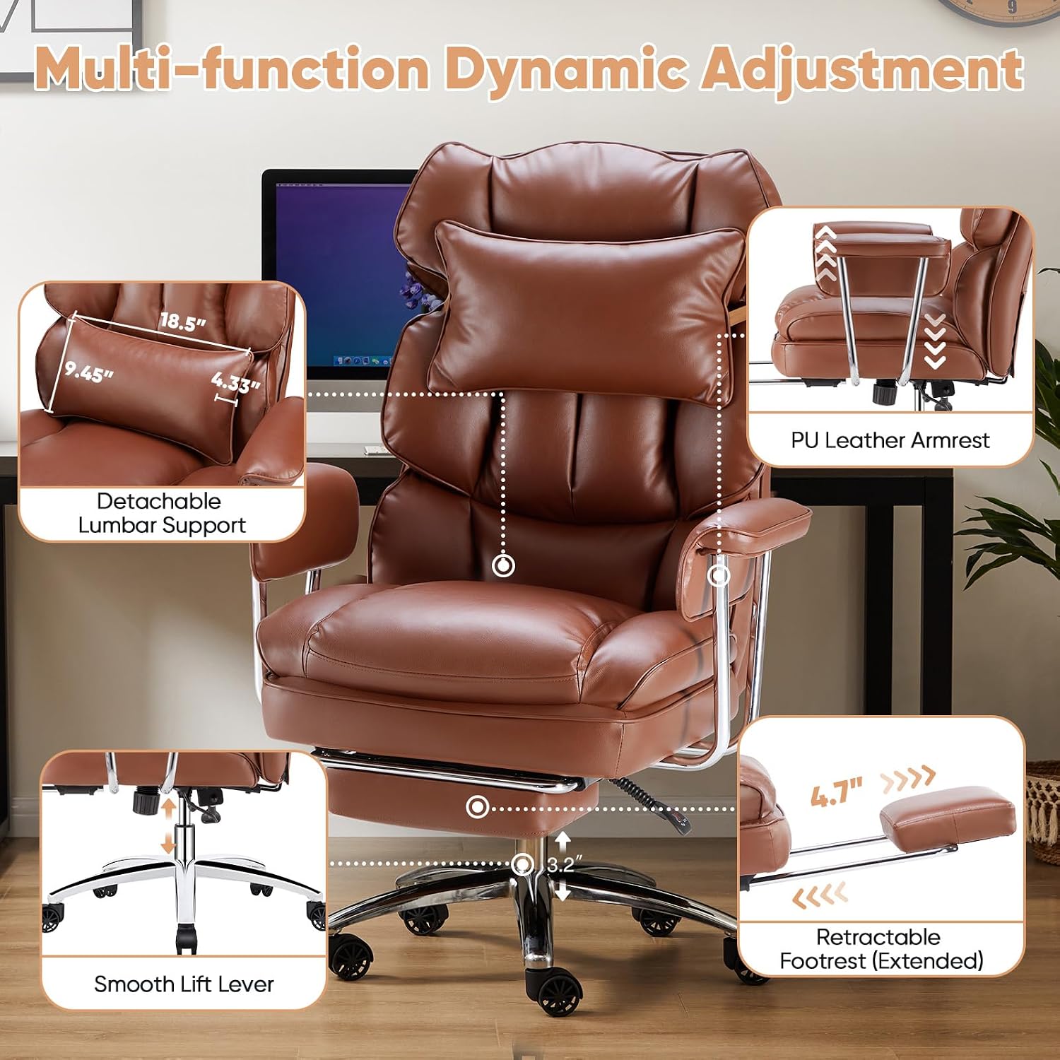 Sweetcrispy Executive Home Office Desk Chair - Ergonomic Big Tall High Back with Footrest & Lumbar Support, Reclining Height Adjustable, Comfy PU Leather Computer Gaming with Swivel Wheels, Brown