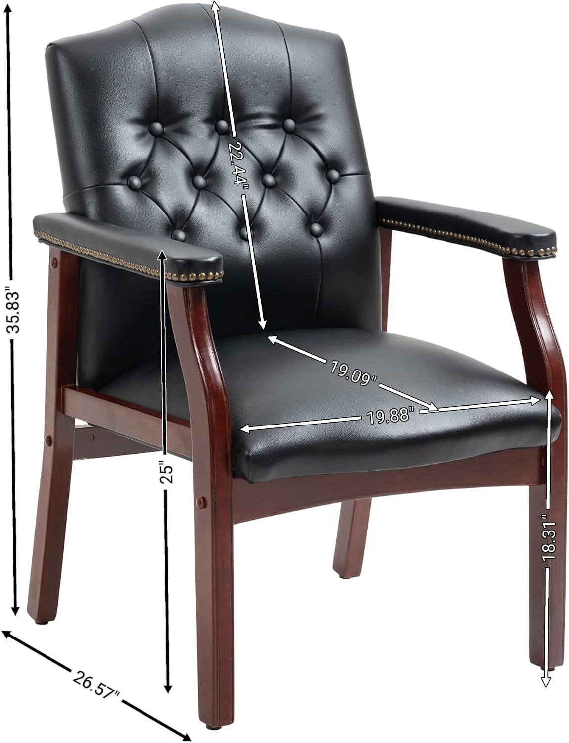 Leather Office Reception Guest Chairs, Ergonomic Office Executive Side Chair, Mid-Back Waiting Room Conference Office Guest Lobby Chairs with Padded Seat and Arms,No Wheels,1 PC(Black)