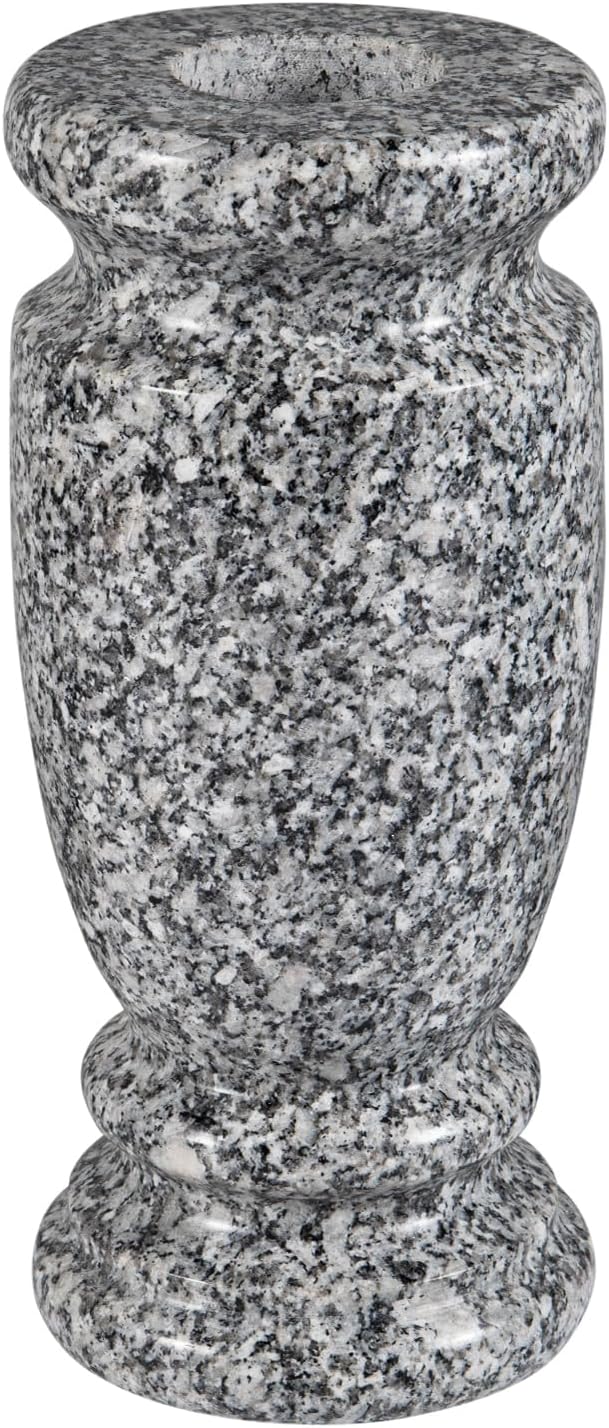 Gray Granite Cemetery Vase for Grave, 4.3" W x 9.8" H | Gray granite, side drainage hole prevents water pooling and freeze cracking. For grave markers & flower decoration. 1 count.