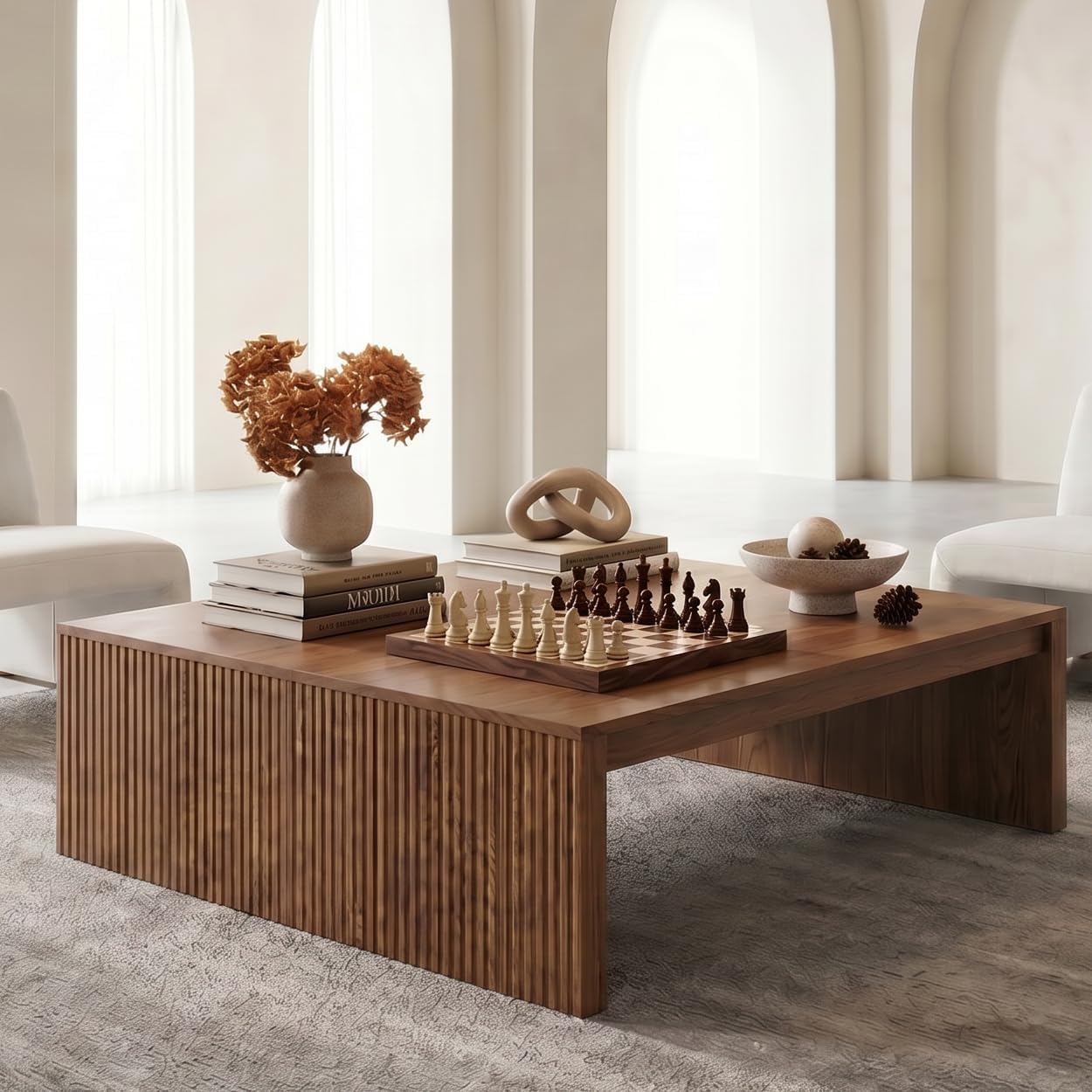 LITTLE TREE 39.4" Square Fluted Coffee Table, Mid-Century Modern Brown Center Table for Living Room, Architectural Wood Cocktail Tea Tables, Contemporary Coffee Tables, Easy Assembly