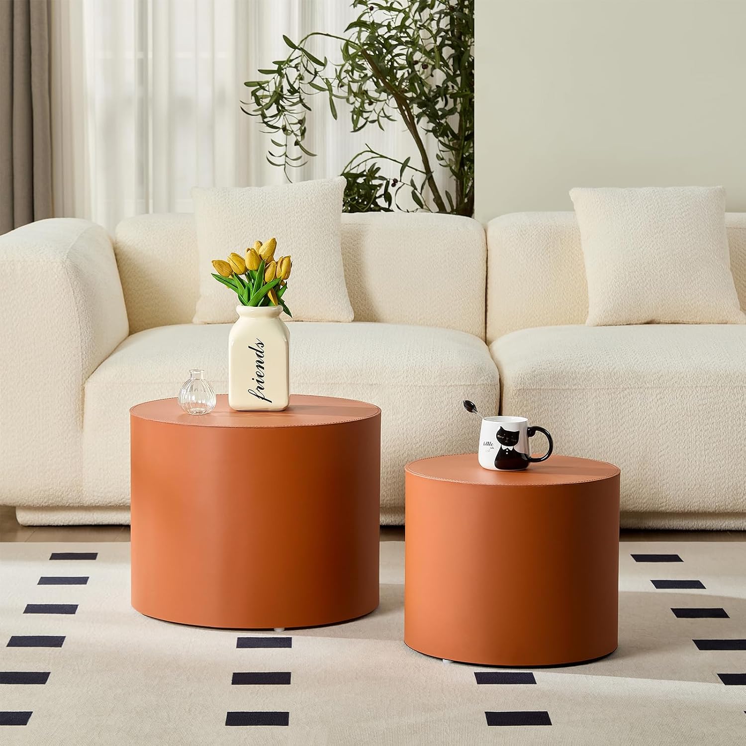 Modern Round Side Table Set of 2, MDF Core with Saddle Leather Upholstery, Cylinder Accent End Tables for Bedroom, Living Room, Apartment, Lounge, Bedside Decor, Coffee Table Use (Orange)
