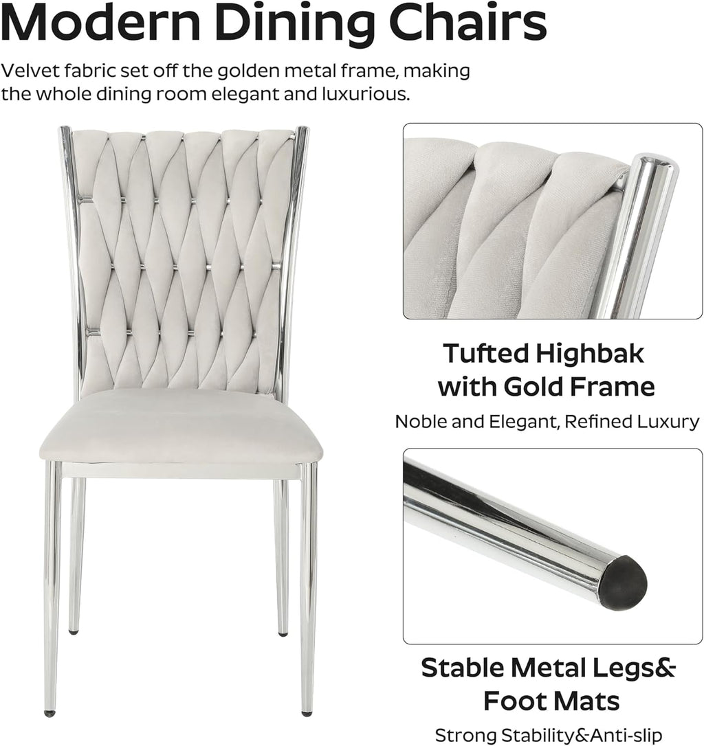 Modern Dining Chairs Set of 4, Light Grey Velvet Woven Kitchen Chair with Silver Metal Legs, Upholstered Cushion & High Back Design, Mid-Century Dining Chairs for Kitchen, Living Room