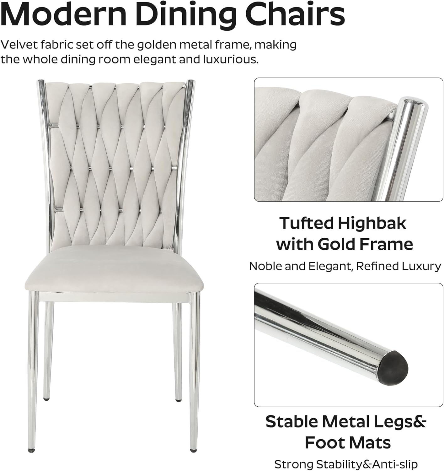 Modern Dining Chairs Set of 6, Light Grey Velvet Woven Kitchen Chair with Silver Metal Legs, Upholstered Cushion & High Back Design, Mid-Century Dining Chairs for Kitchen, Living Room