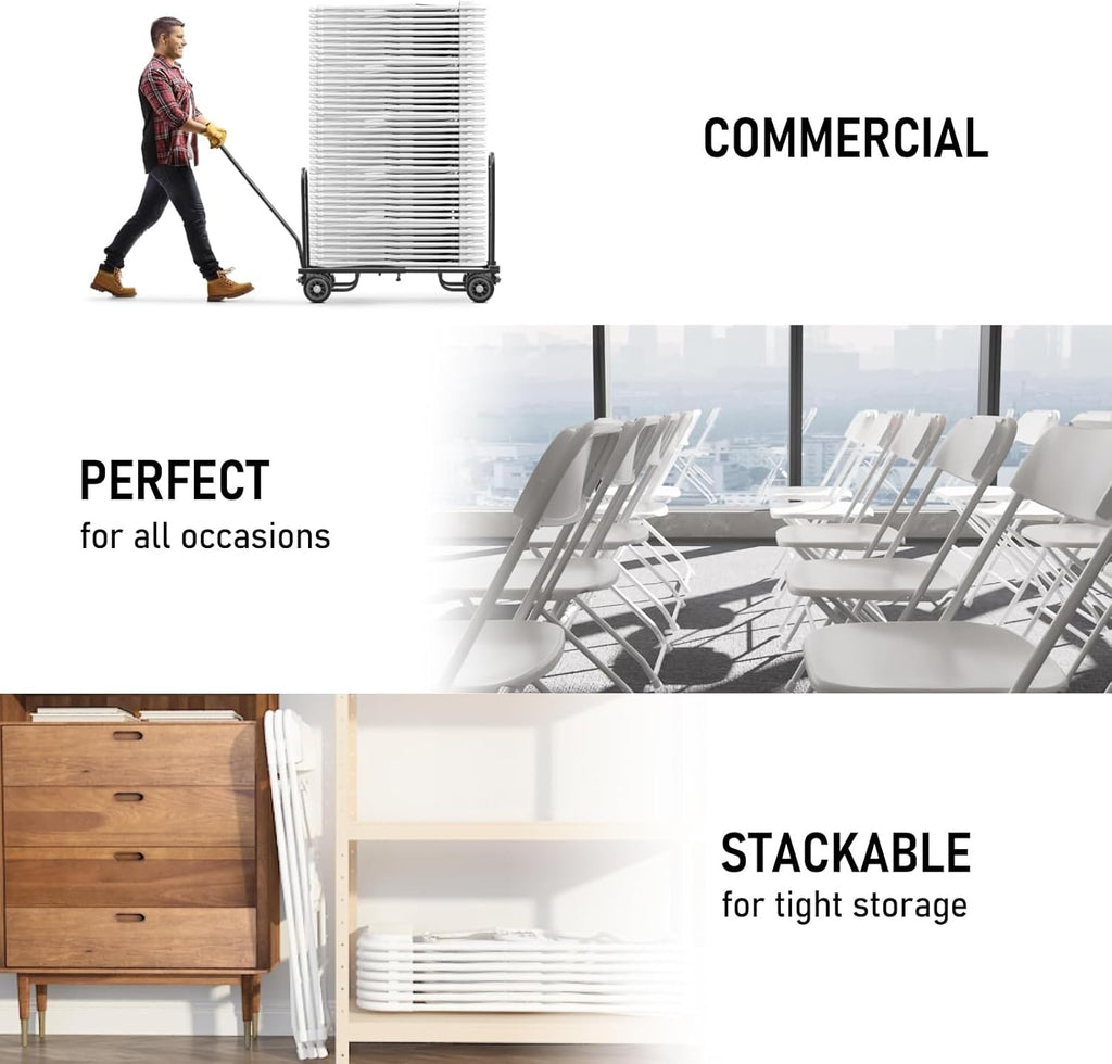 100 Pack White Plastic Folding Chairs, Portable Stackable Commercial Chairs with Steel Frame, 350 lb Capacity Indoor Outdoor Seating for Wedding Party Event Office Dining