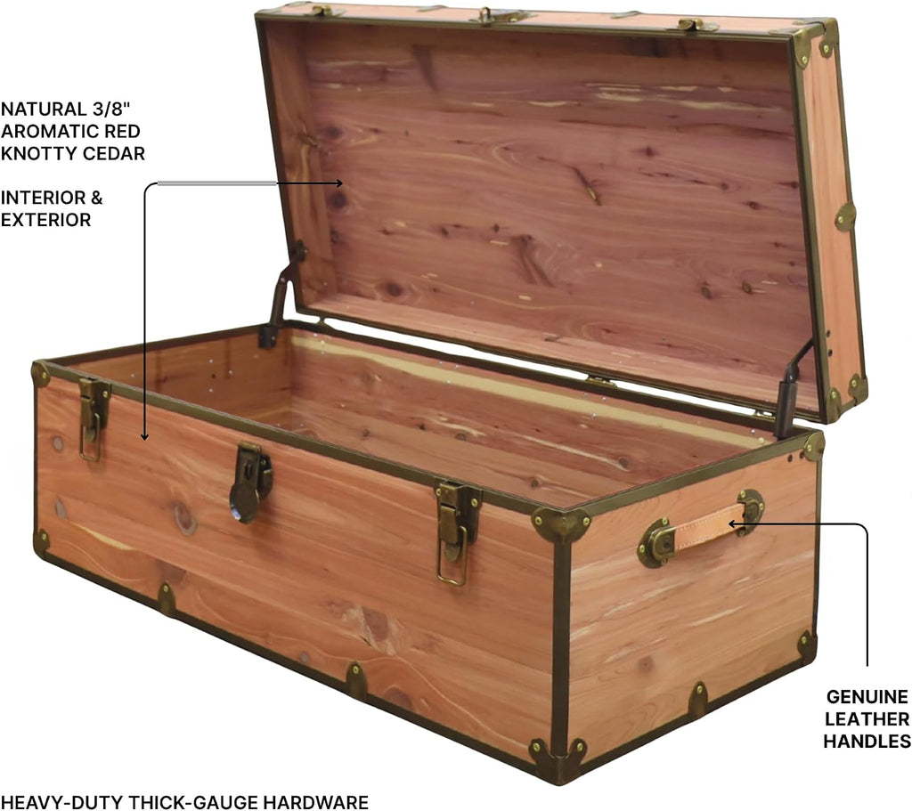Rhino Trunk & Case Knotty Cedar Chest with Antique Brass Hardware – 32"x18"x14" Large Storage Box, Coffee Table, End of Bed Trunk or Entryway Storage Bench Furniture – USA-Made, Heirloom Aesthetic