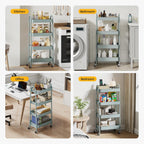 DUMOS 4 Tiers Metal Rolling Utility Cart with Lockable Wheels, Mobile Storage Organizer, Utility Shelving Unit for Kitchen, Office, Bathroom, Laundry, Narrow Places, Light Green