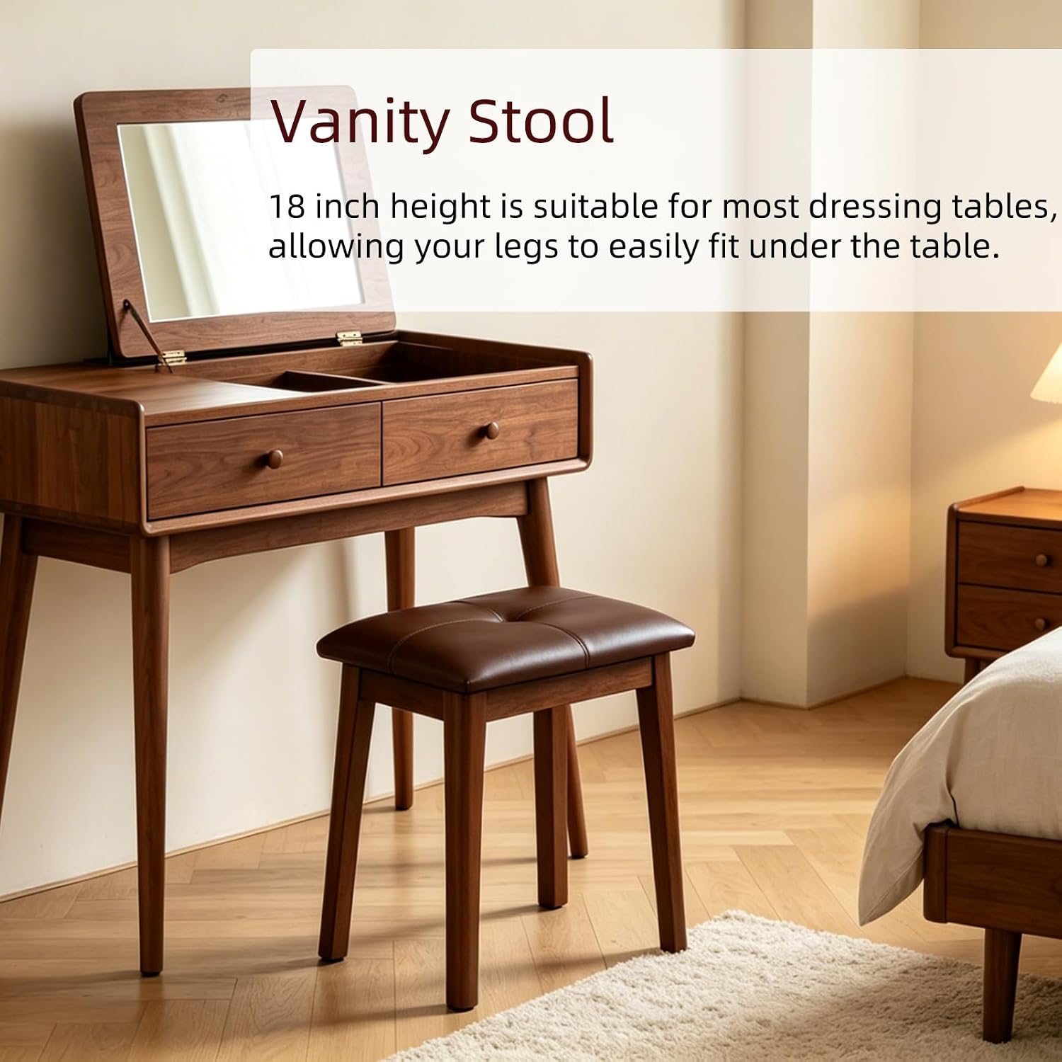 Solid Wood Vanity Stool with Cushion, 11" D x 15" W x 18" H - Small Wooden Ottoman Bench Chair Padded Seat for Bedroom/Living Room/Office/Makeup Vanity/Closet/Desk - Brown