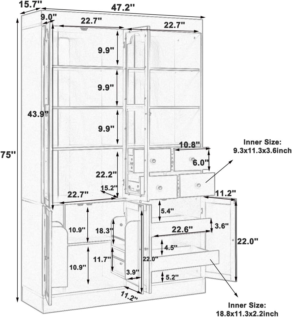 75 Inch Tall Freestanding Buffet with Hutch, Farmhouse Kitchen Pantry Cabinet, Dining Room Storage Cupboard with 4 Drawers, Door Shelves and Pull-Out Trays for Living Room,White