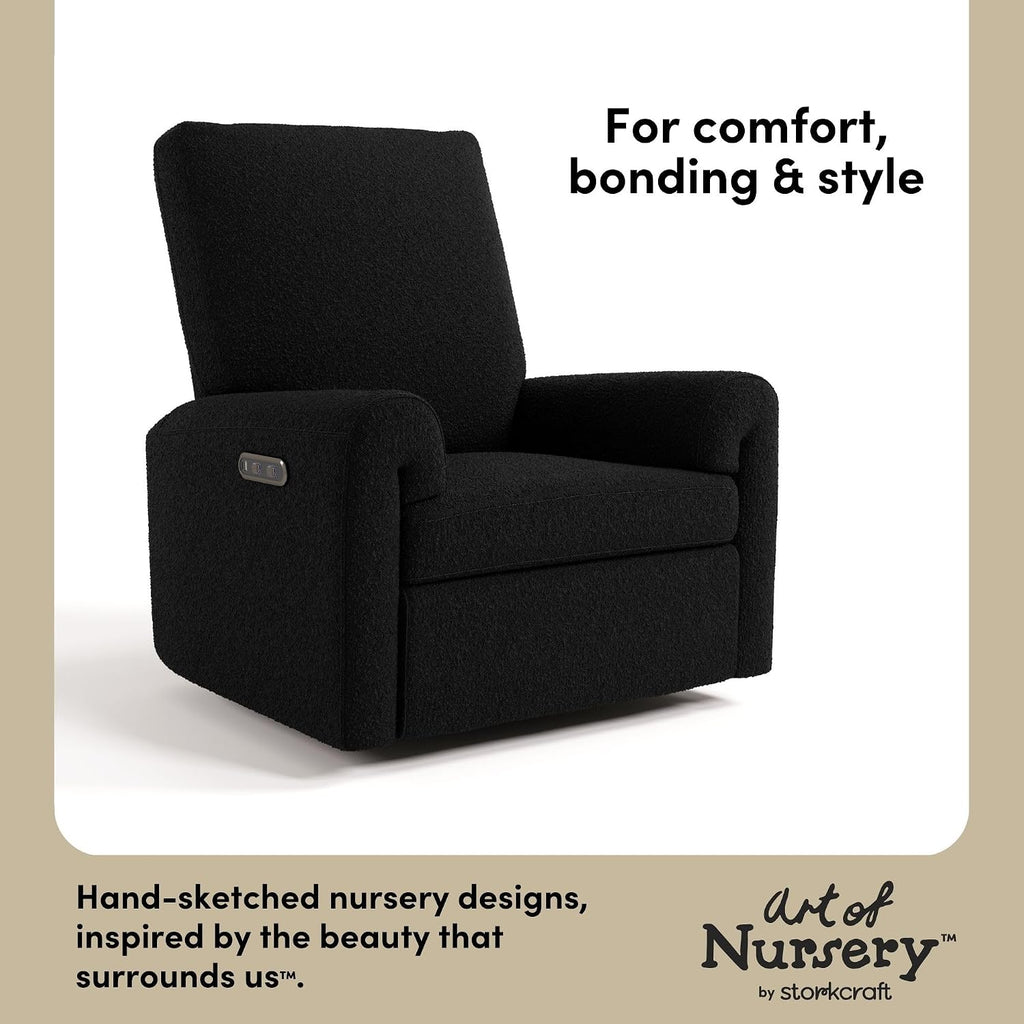 Storkcraft Sorrento Deluxe Power Recliner Swivel Glider – Premium Electronic Nursery Rocking Chair, Oeko-TEX 100 Certified, Includes Dual-USB Charging Port with USB-A & USB-C (Black Boucle)