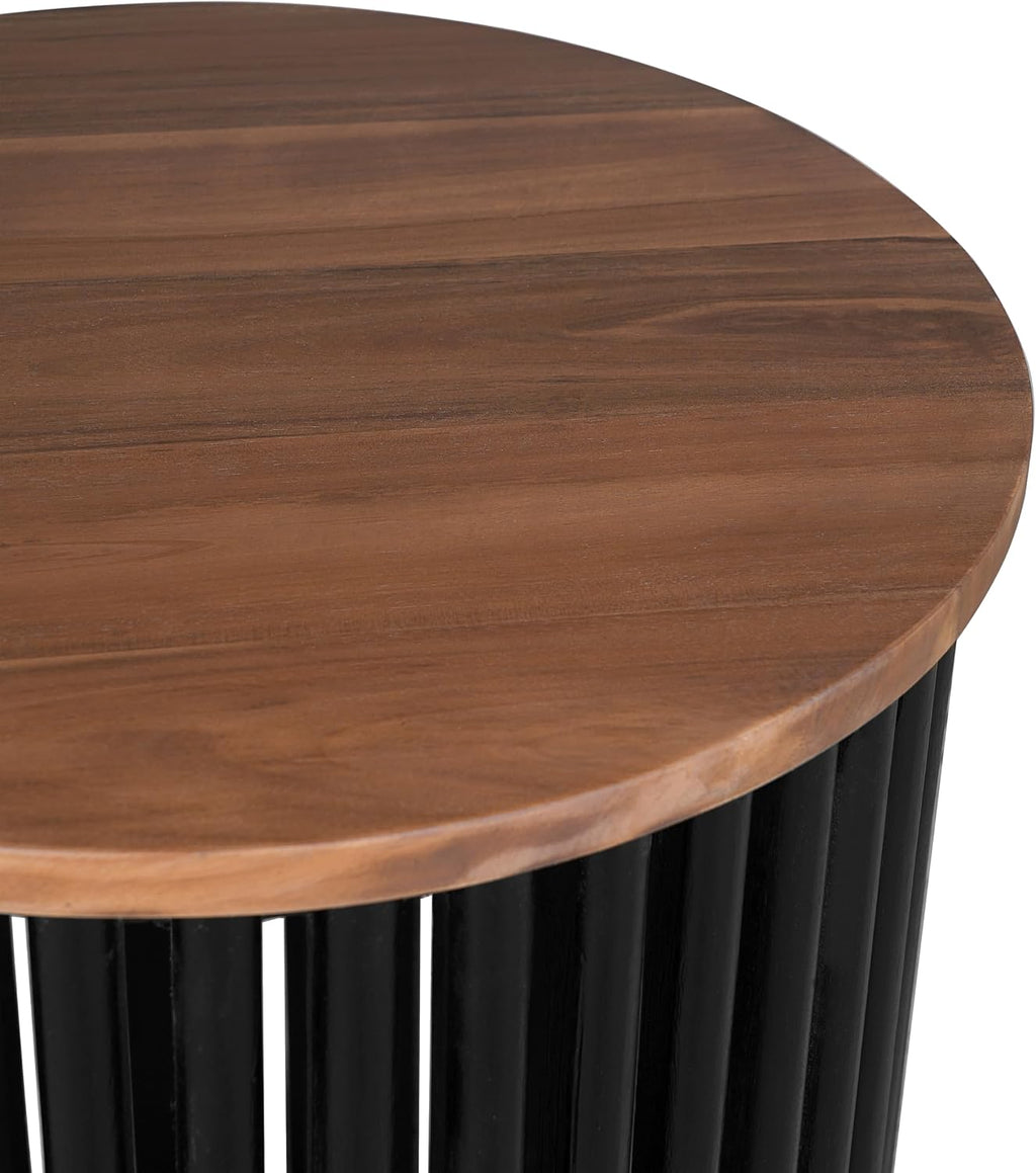Round End Table, Modern Cylinder Side Table with Wood Top & Black Ribbed Base, Small Drum Accent Table for Living Room, Bedroom, Mid-Century Nightstand for Small Spaces