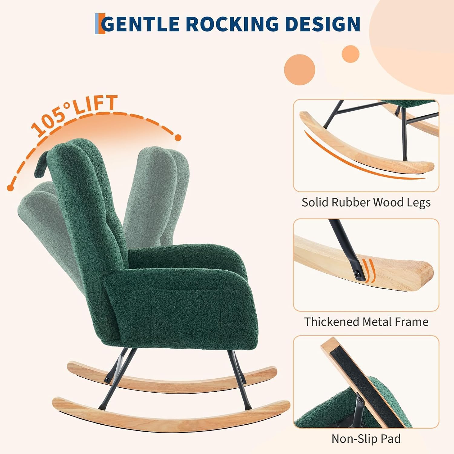Nursery Rocking Chair, Upholstered Baby Fluffy Glider Rocker, Reading Chair with High Backrest, Comfy Chairs for Living Room, Bedroom, Nursing (Ink Green)