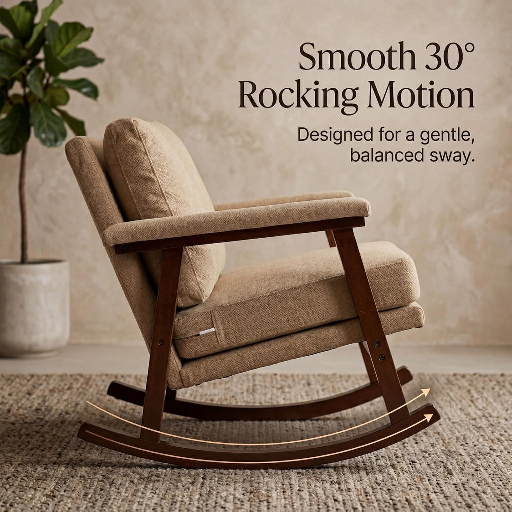Nursery Rocking Chair, Compact Upholstered Rocker with Solid Wood Legs, Cozy Nursing Glider Chair for Mom, Small Space Chair for Nursery, Bedroom (Khaki)