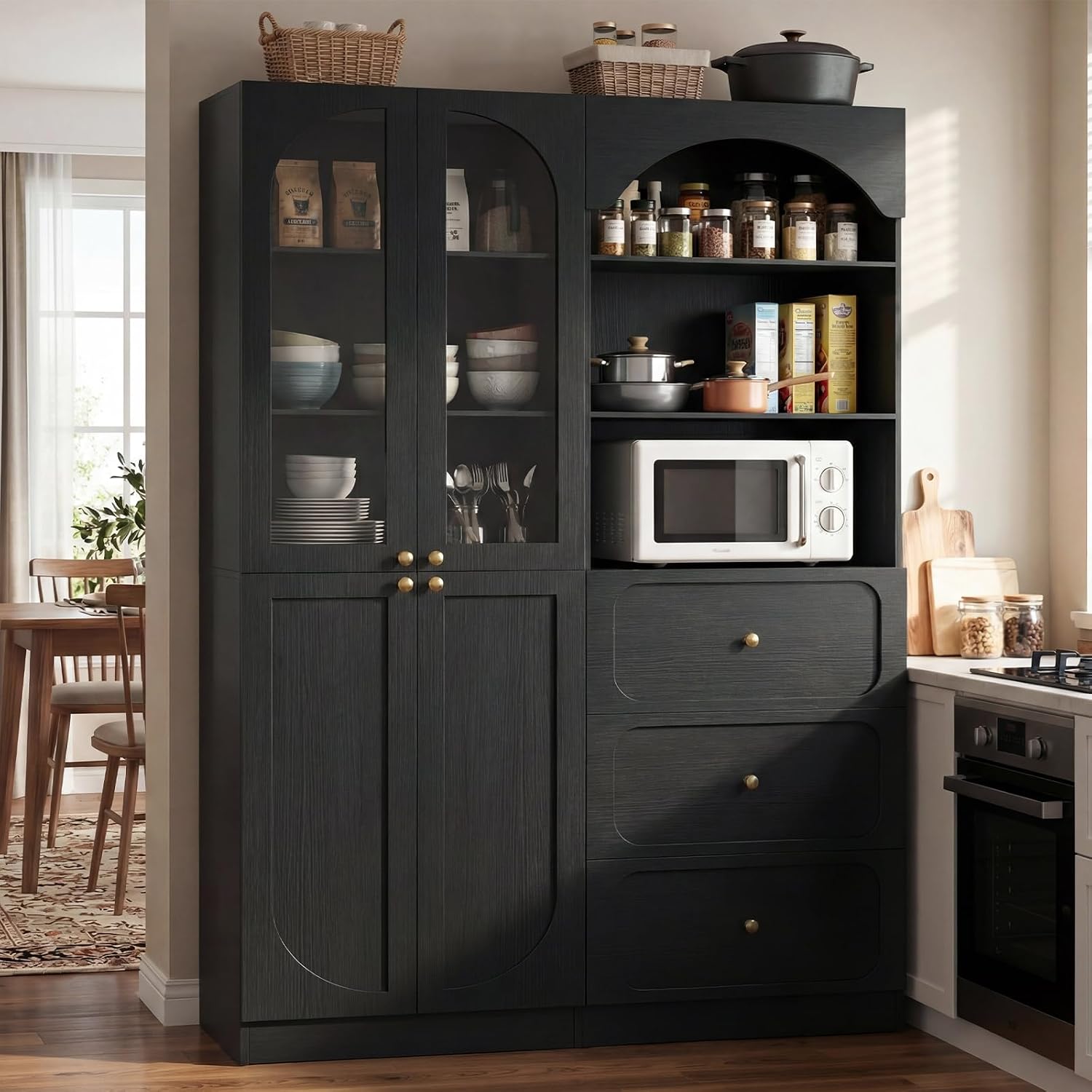 Cyclysio 80" Tall Pantry Cabinet with 3 Drawers, Arched Kitchen Storage Cabinets with 3-Tier Open Shelves and Glass Doors, Wood Floor Cupboard with Seamless Fit Wall for Living Room, Kitchen