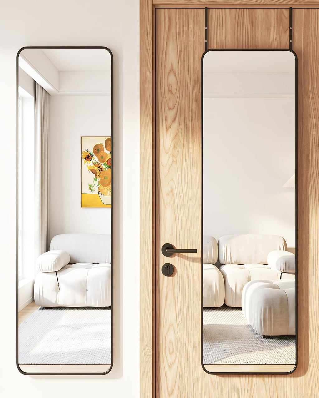Antok 48"x14" Over the Door Mirror, Full Length Mirror Door Hanging with Aluminum Metal Frame, Rectangle Wall Mounted Body Mirrors for Bedroom, No-Drill Space Saving Dressing Mirrors, Black