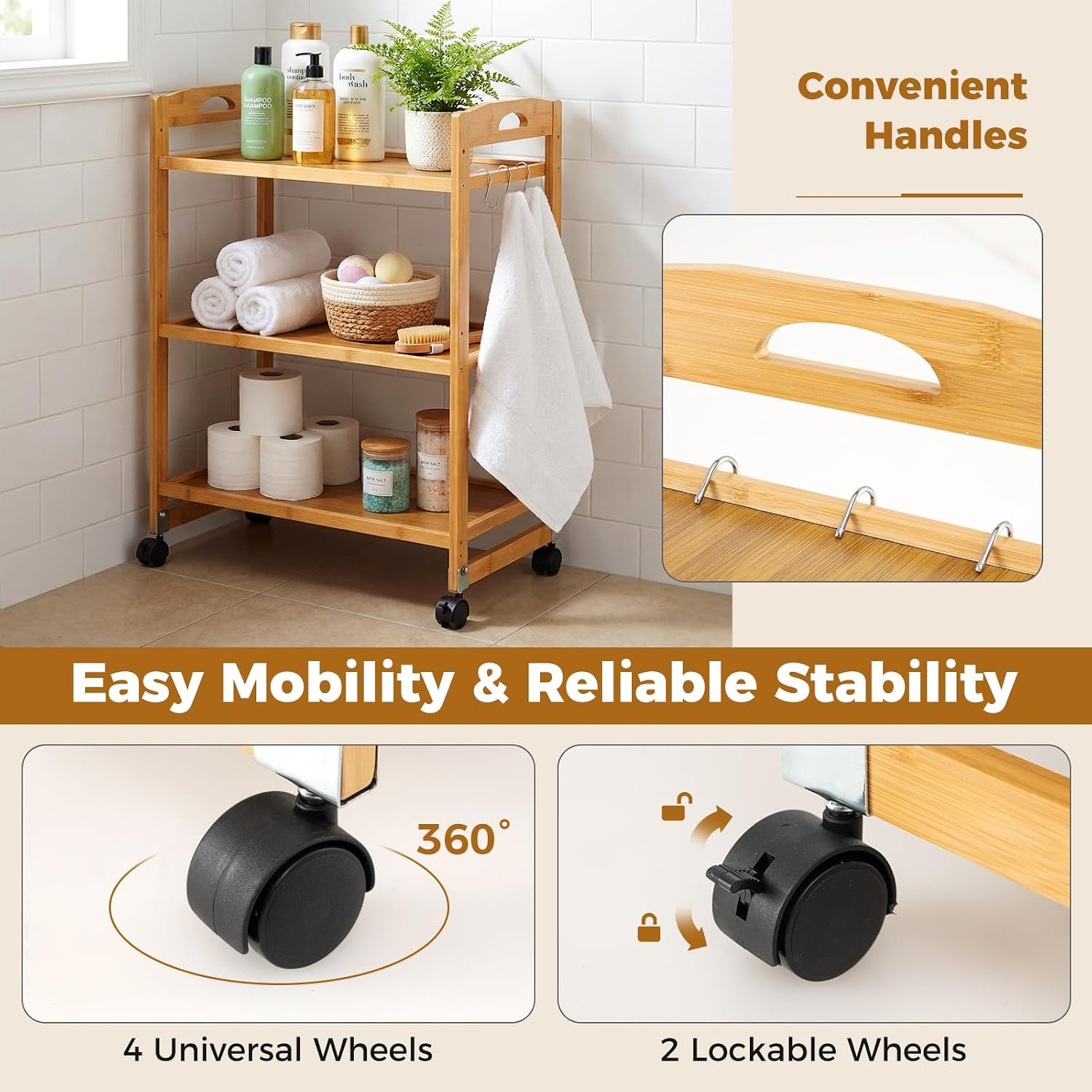Giantex 3-Tier Rolling Storage Cart, Bamboo Utility Cart w/ 3 Side Hooks & Adjustable Shelves, Multifunctional Kitchen Cart on 2 Lockable Wheels for Living Dining Room, Laundry, Bathroom, Office Art