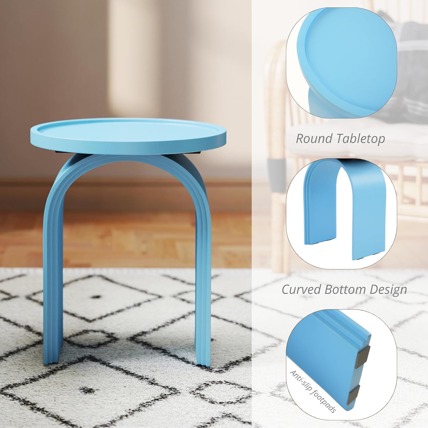 ROCITY Round Side Table, Modern Wood End Table with Sturdy Base, Small Blue Drink Table for Living Room, Bedroom and Small Spaces