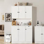 Furnify 71" H Pantry Cabinet with Charging Station, Tall Kitchen Pantry Storage Cabinet with Microwave Stand, Farmhouse Kitchen Hutch with Storage Drawer for Living Room, Dining Room, White