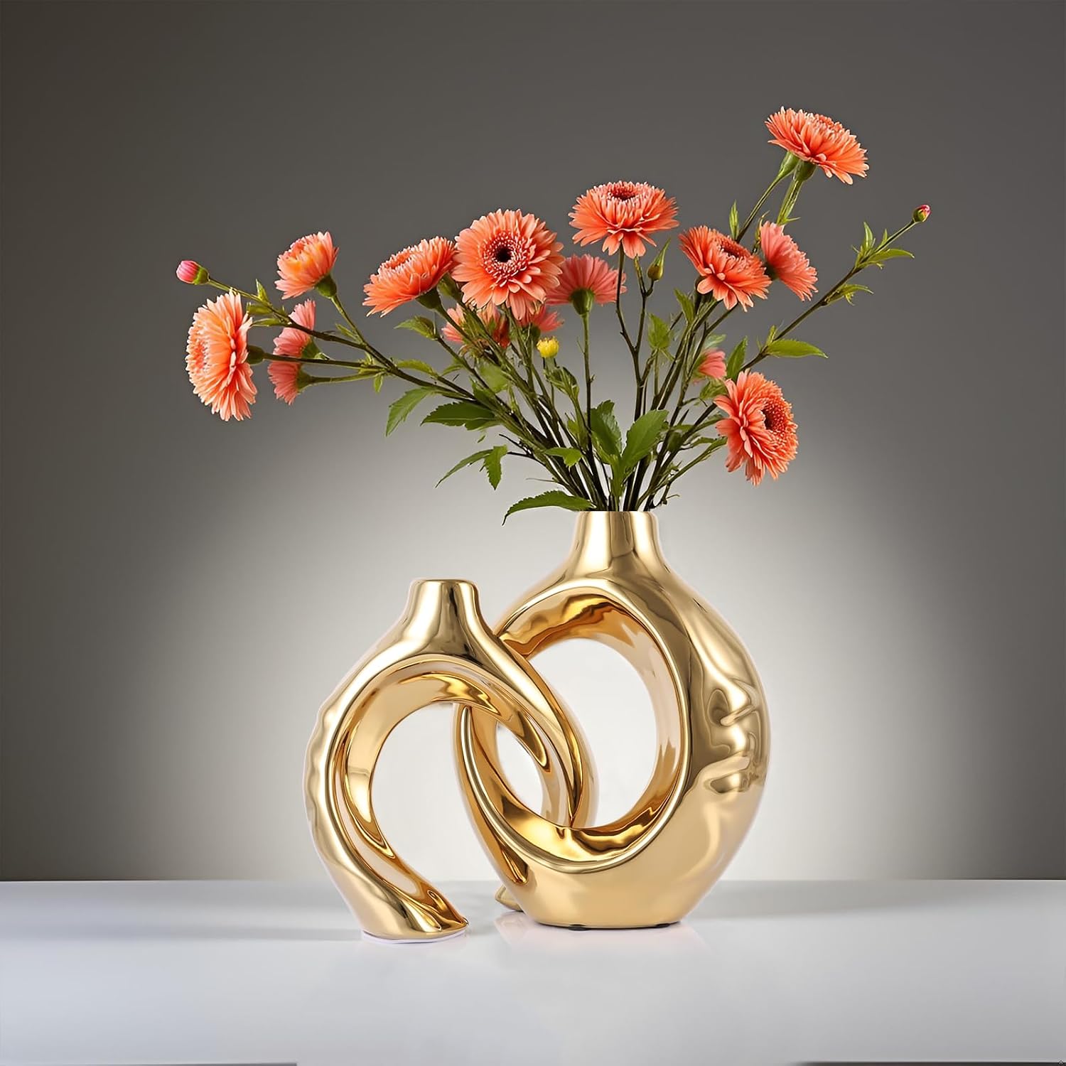 LCCCK Gold Ceramic Vases for Home Decor, Boho Vase for Flowers Pampas Grass Decorative, Hollow Donut Small Vase for Living Room Table Wedding Centerpiece Modern Vases (Gold)