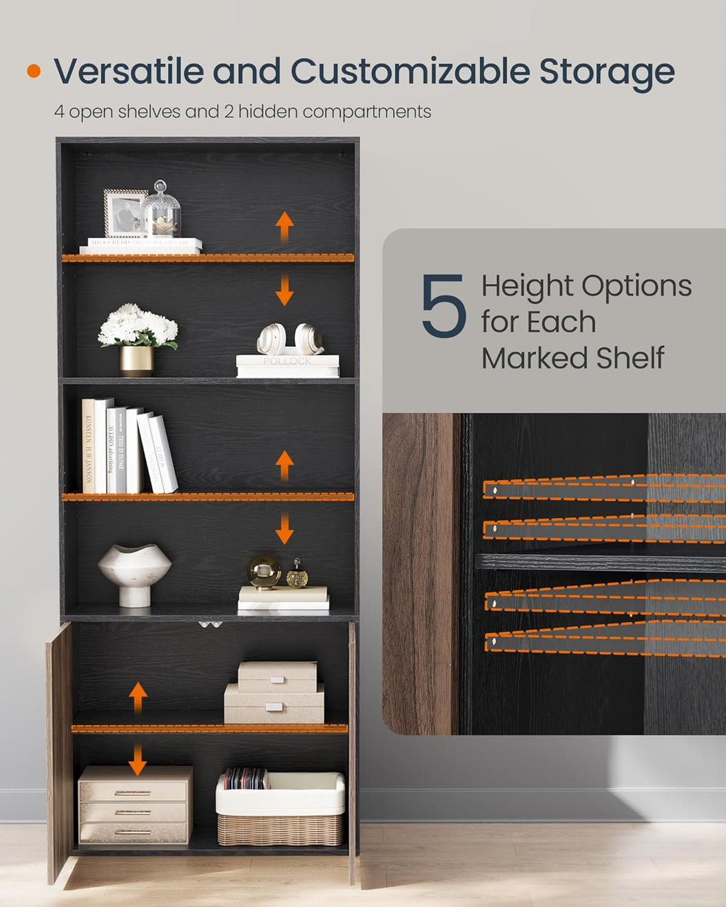 SONGMICS Home Book Shelf, Snapsemble Superfast Assembly, 6-Tier Floor Standing Bookcase with Doors and Adjustable Shelves, 70.4 Inches Tall for Bedroom Living Room, Ebony Black and Natural Walnut