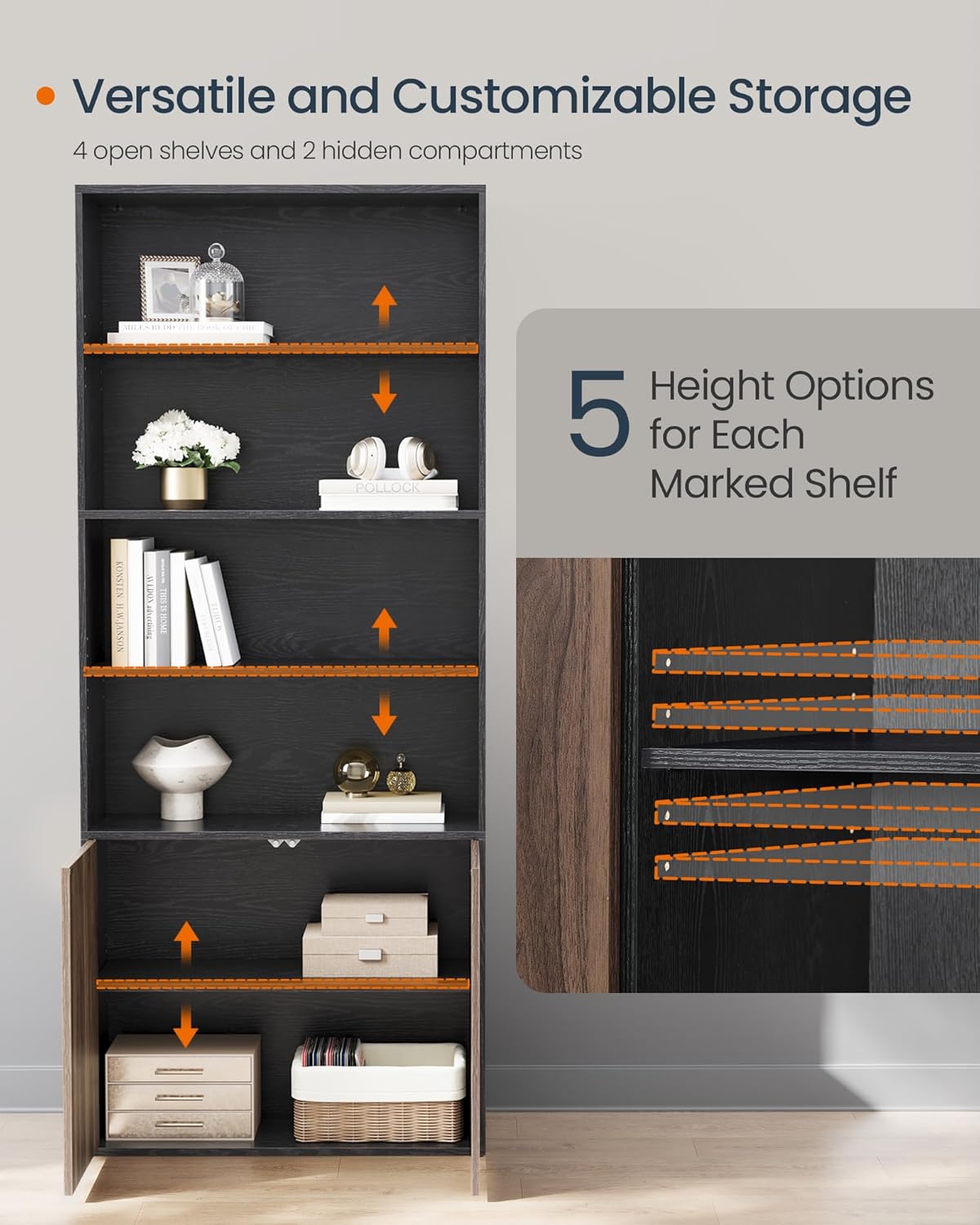 SONGMICS Home Book Shelf, Snapsemble Superfast Assembly, 6-Tier Floor Standing Bookcase with Doors and Adjustable Shelves, 70.4 Inches Tall for Bedroom Living Room, Ebony Black and Natural Walnut