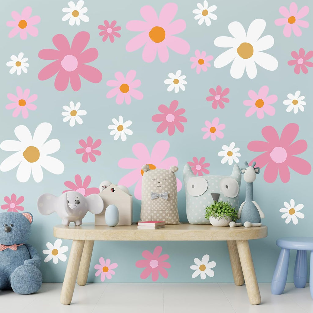 TaoBary 12 Sheet Daisy Wall Sticker Decal Removable Cute Daisy Bedroom Room Decor Flower Wall Sticker Pink White Flower Decal Wallpaper Peel and Stick for Nursery Home(Pink Color,Vibrant Style)