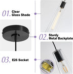 Modern Glass Pendant Lights Kitchen Island, Dimmable Black Pendant Light Fixtures 1 Pack, Adjustable Farmhouse Hanging Light Fixture with Clear Glass Shades for Hallway Dining Room