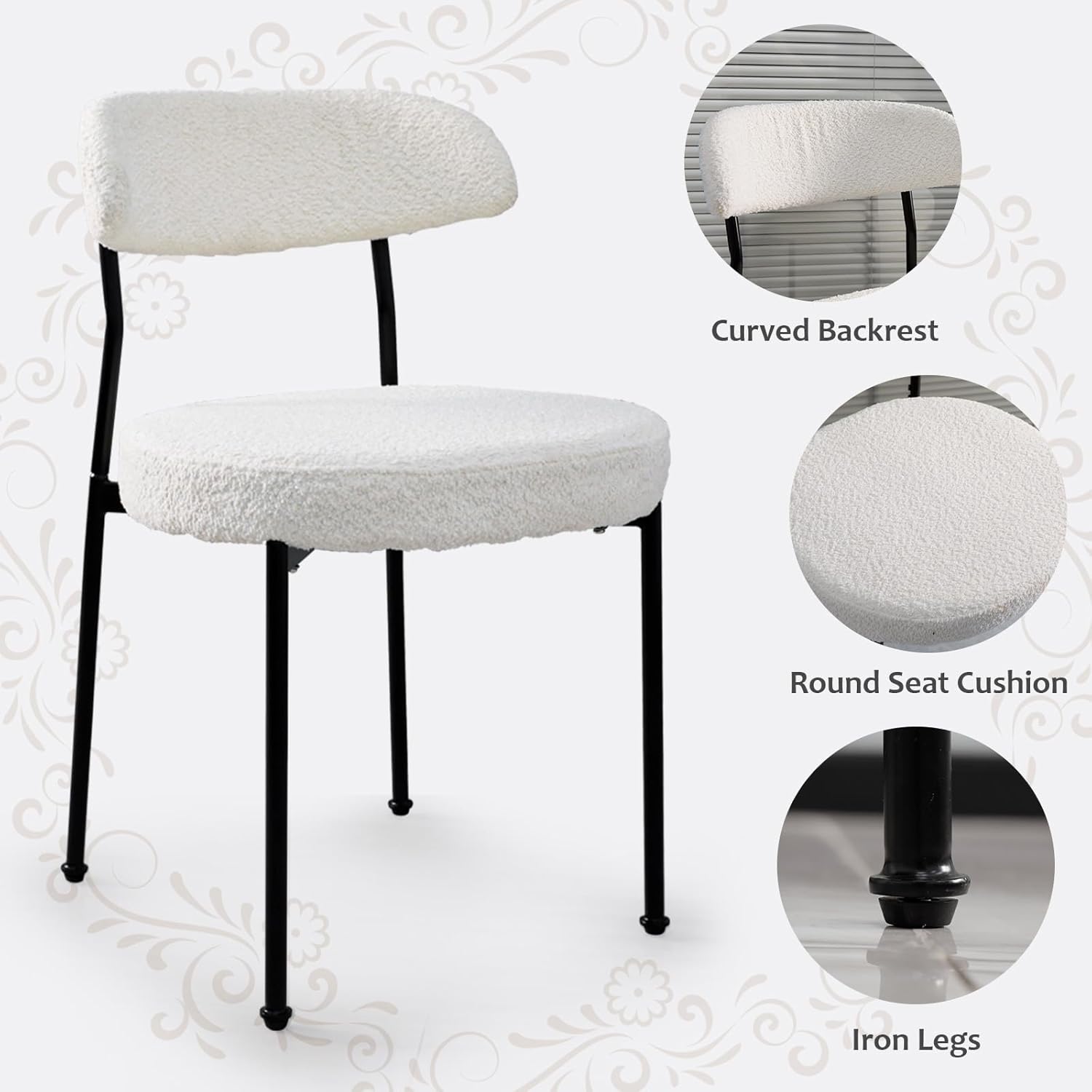 3-Pieces 24" Small Round Dining Table and Dininig Chair Set for 2,MDF Table Top and Heavy Metal Base Leg for Dining Room Apartment Small Space,Boucle Fabric, White